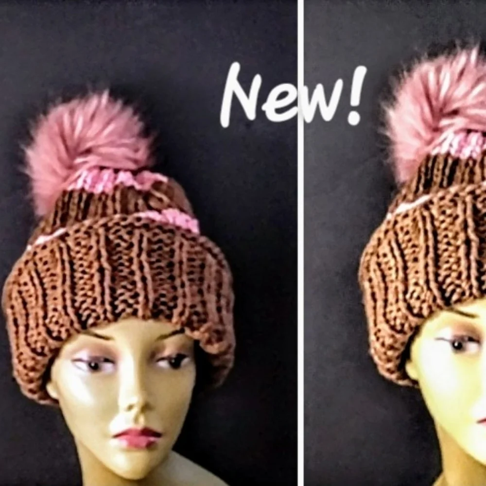 Versatile, Authentic Hand Knitted Beanies Accented With Faux Fur PomPom.